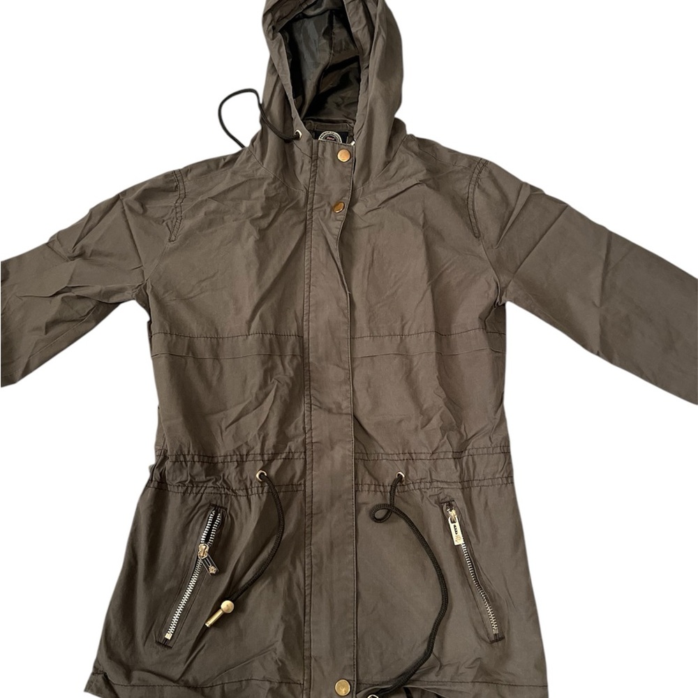Grayish Khaki green lightweight hooded jacket with drawstring waist